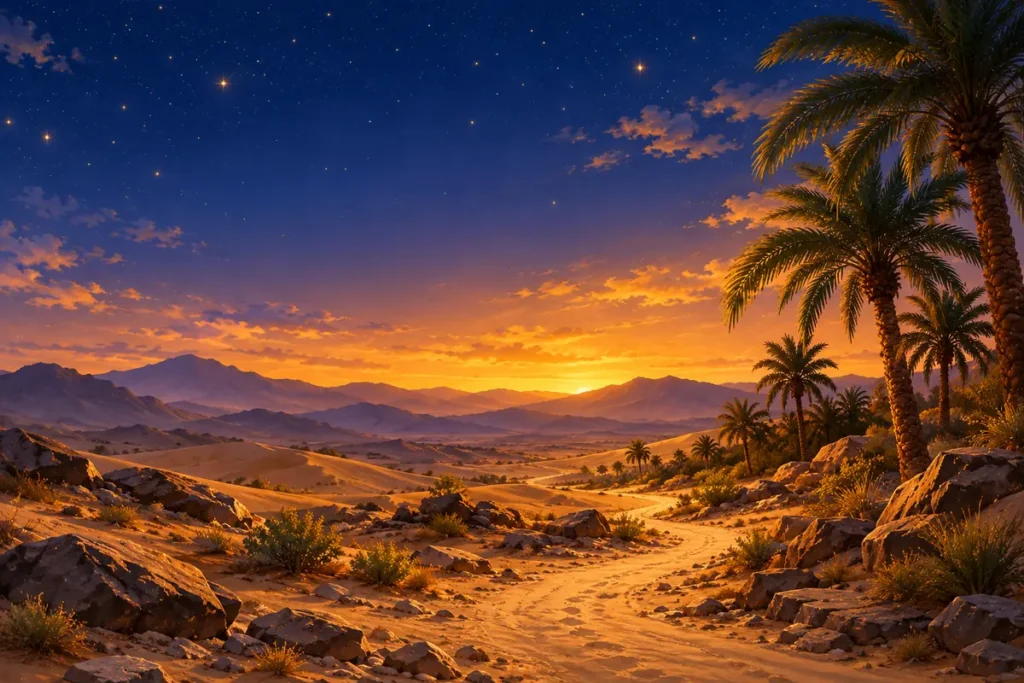 Desert path at dusk, a scene from the Seerah
