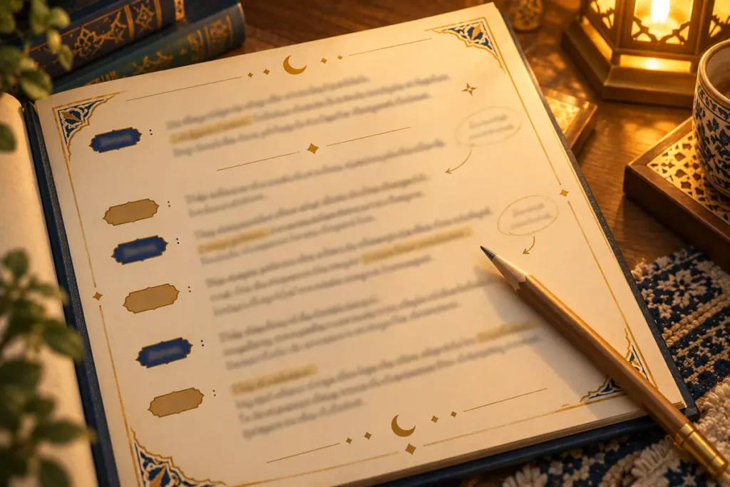 Seerah storytelling cues marked in a script