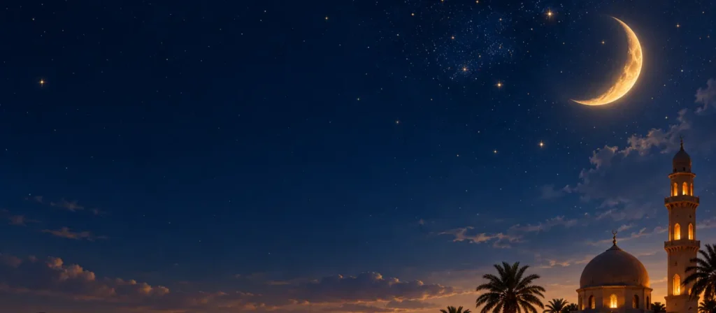 Crescent moon over a masjid dome at night