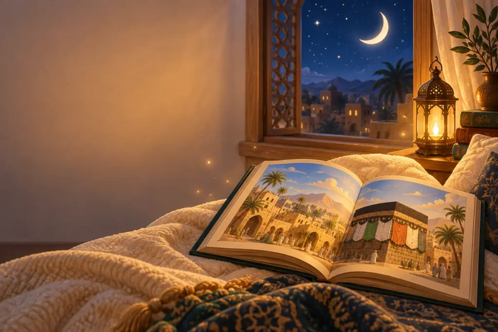 Islamic bedtime stories book open beside a bedside lamp
