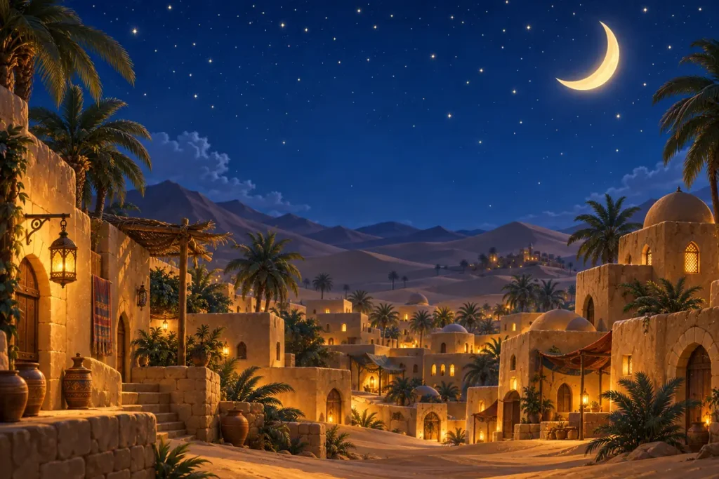 Crescent moon over a desert city at night