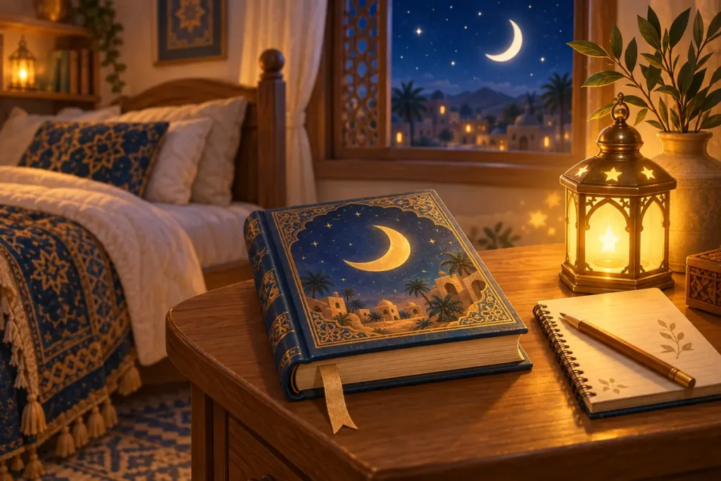 Seerah storybook and bookmark on a bedside table