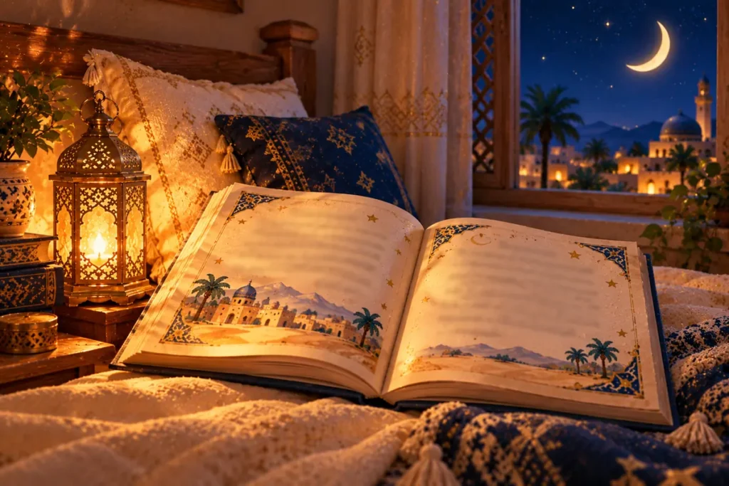 Cerita sebelum tidur Islamik dengan buku terbuka di sisi katil